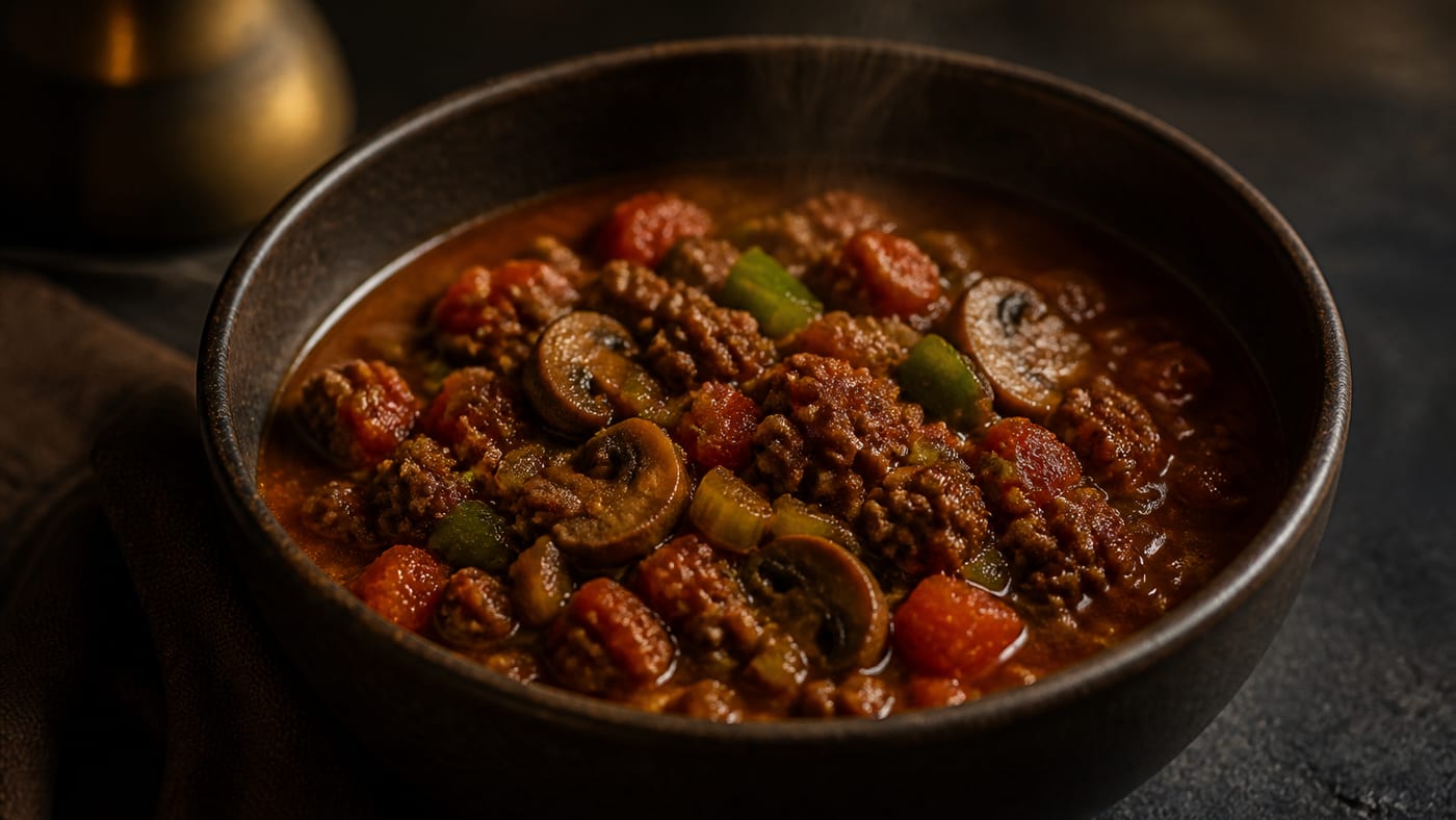 Bowl of Cincinnati-style elk chili with tomatoes, mushrooms, and peppers