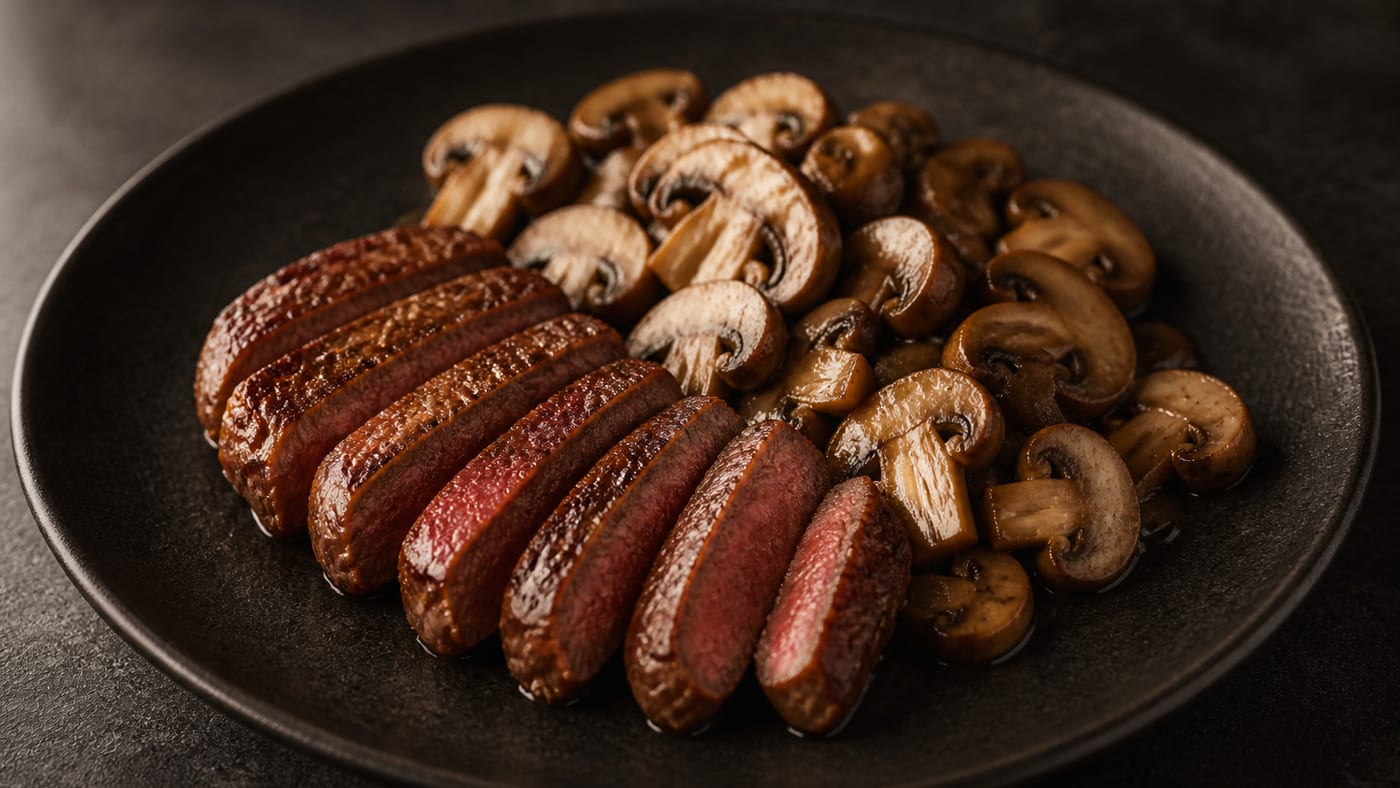 Steak with white mushrooms